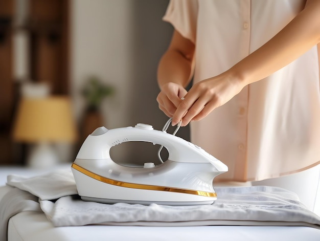 Laundry service Ironing on clothes hygiene and cleaning clothes on washing machine Housekeeping