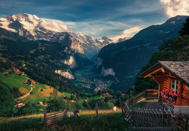 Lauterbrunnen valley in the Swiss Alps viewed from the alpine village of Wengen