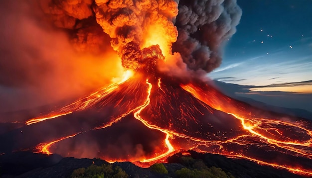 Lava erupting on the surface Hot orange lava and smoke Natural disaster