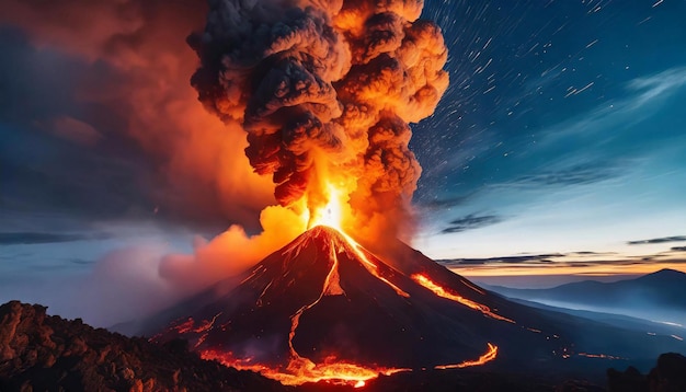 Lava erupting on the surface Hot orange lava and smoke Natural disaster