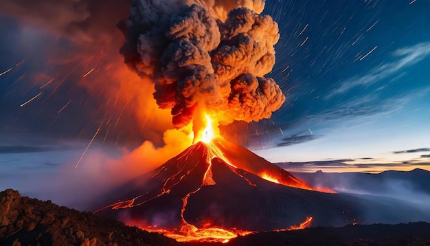 Lava erupting on the surface Hot orange lava and smoke Natural disaster