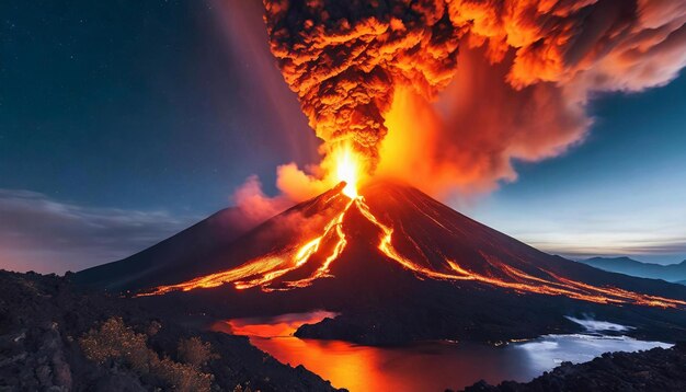 Lava erupting on the surface Hot orange lava and smoke Natural disaster