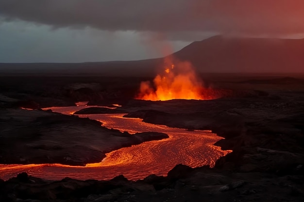 Lava erupts from a volcano Generative AI