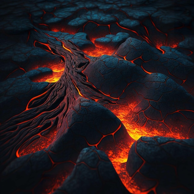 A lava field with a dark blue background and a lava field