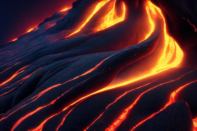 Lava flow fiery magma flow 3d render Raster illustration