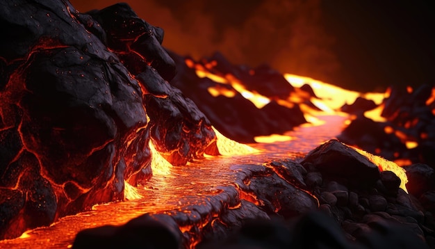 A lava flow is visible through the lava flowing into the ocean.