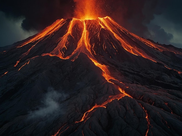 lava flow with a volcano in the background