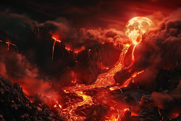 Lava flows over the moon in a dark night sky with moonlight shining on the lava flow a dark red an