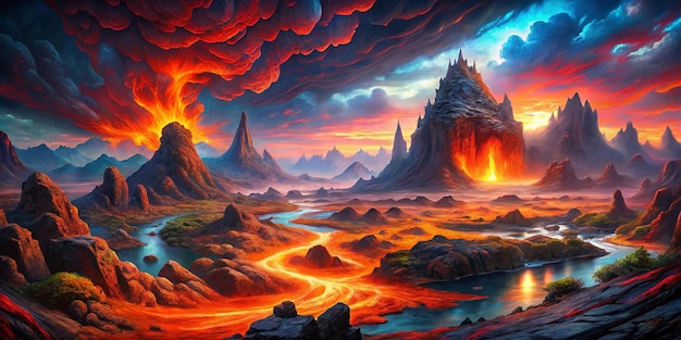 Photo lava landscape vibrant and colorful high quality 4k ultradetailed surreal fantasy art molten