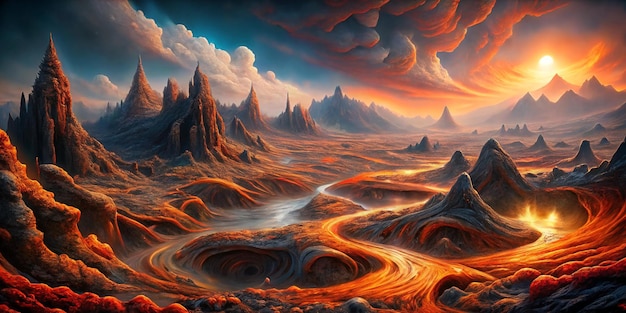 Photo lava landscape vibrant and colorful high quality 4k ultradetailed surreal fantasy art molten