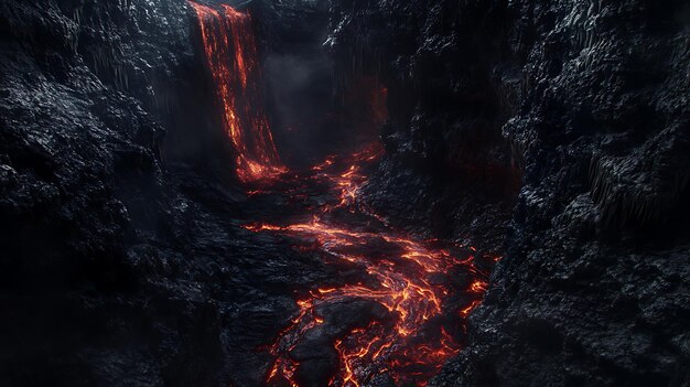 Photo lava waterfall in a volcanic gorge