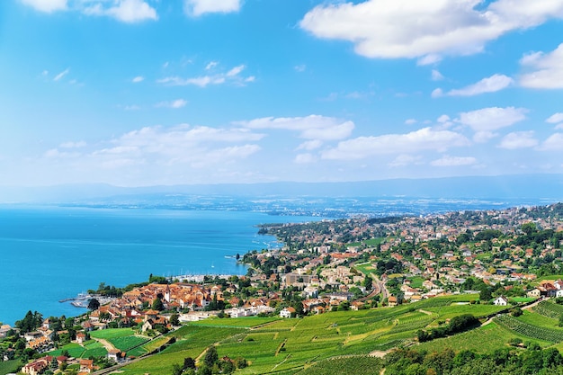 Lavaux Vineyard Terrace hiking route, Lake Geneva and Swiss mountains, Lavaux-Oron district in Switzerland