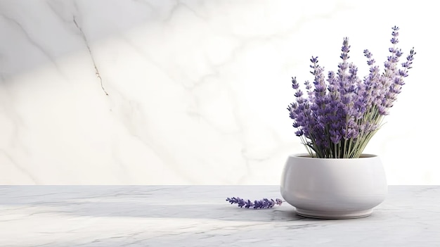 lavender blossoms showcased in a flower pot elegantly positioned on a white marble table set against a modern minimalist background with open space for text or invitations