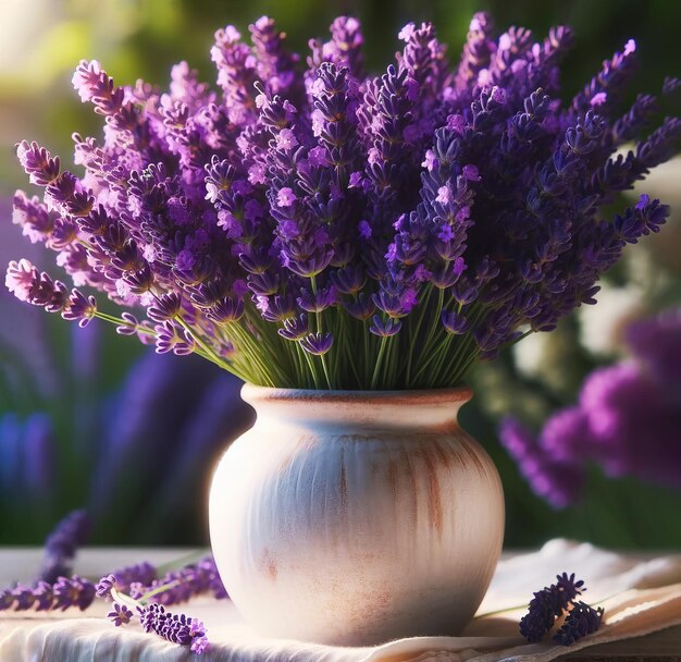 Lavender bouquet in a white vase on dining table set outdoors at sunset Elegant alfresco concept