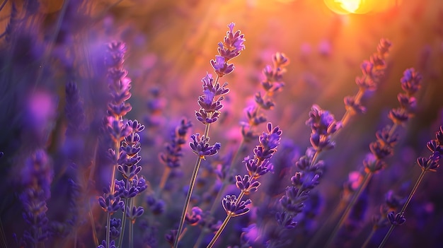 Lavender bushes closeup on sunset Sunset gleam over purple flowers of lavender Prove Generative AI