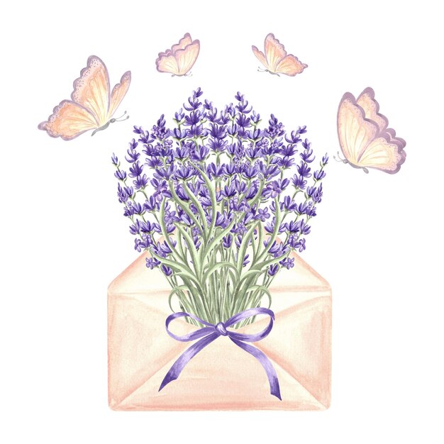 Lavender and butterflies floral bouquet in an envelope with bow hand drawn watercolor illustration