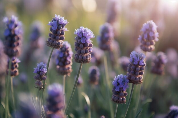 Lavender close-up view of purple flowers at sunset on natural field background. Text copy space. Selective soft focus. Shallow depth of field.