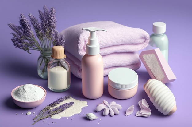 Lavender cosmetic and bath products beauty skin care treatment illustration Generative AI