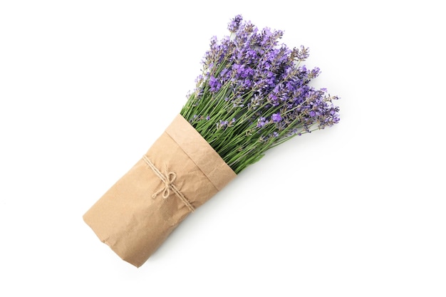 Lavender in craft paper isolated on white background