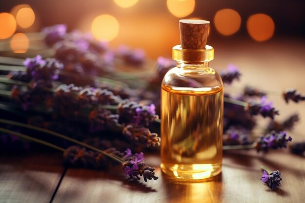 Lavender essential oil bottle alongside lavender flower in a table