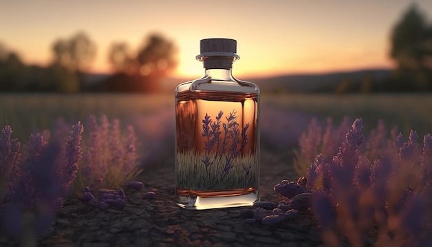 Lavender essential oil in clear bottle in lavender field Generative AI