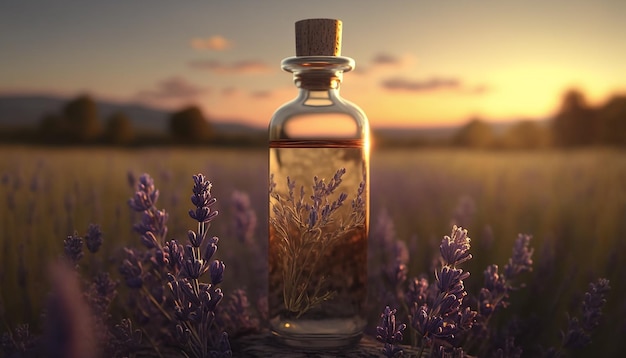 Lavender essential oil in clear bottle in lavender field Generative AI