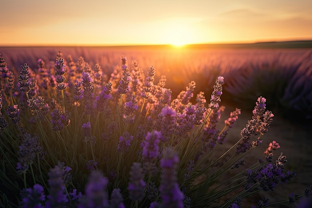 In the lavender field at dusk a lone flower glows in the golden light generative IA