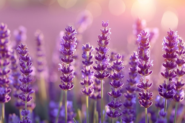 Lavender field panorama with lavender flowers in the foreground and a blurred background with soft l