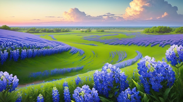 Lavender field at sunrise Beautiful spring landscape with blooming flowers