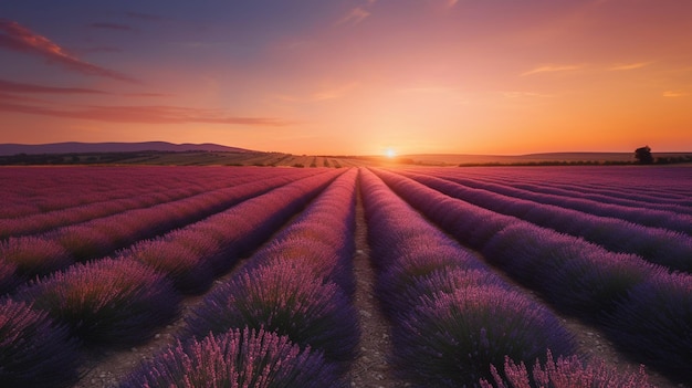 Lavender field sunset and lines Generative AI