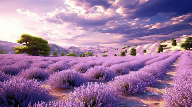 Lavender Field at Sunset with Dramatic Clouds