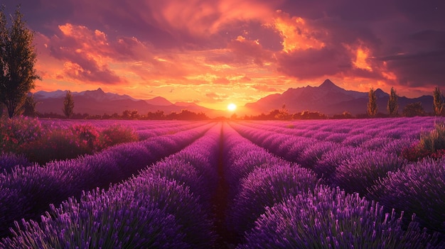 Lavender Field Sunset with Mountain Landscape