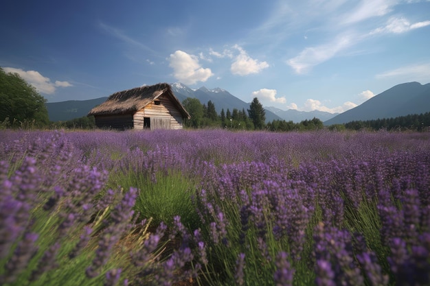 Lavender field surrounding rustic cabin under blue sky generative IA