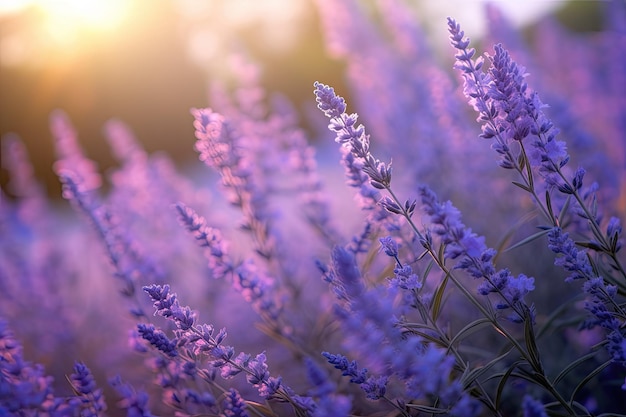 Lavender field with the sun shining through the purple flowers