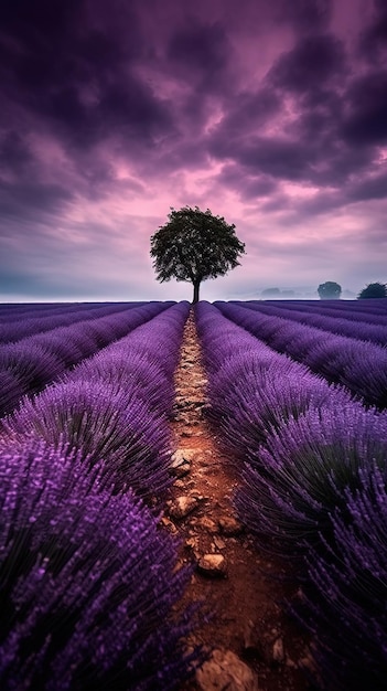 A lavender field with a tree in the middle