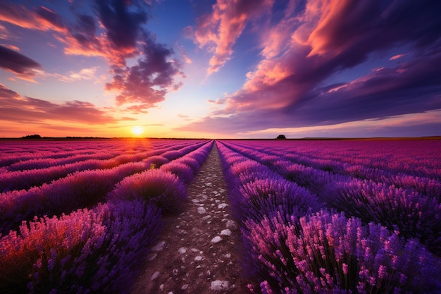 Lavender fields under a purple sky