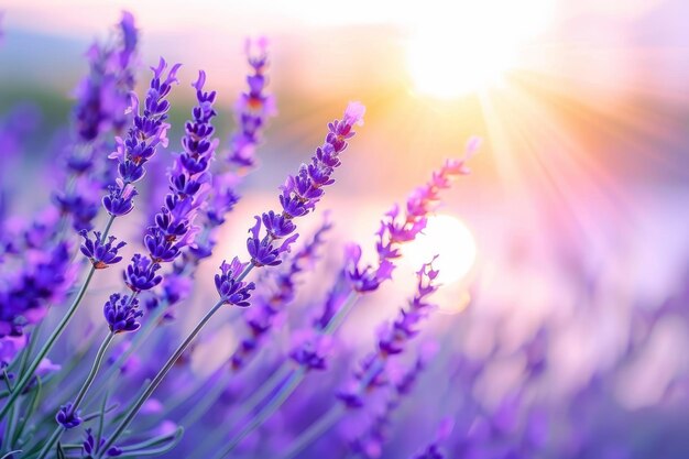 Lavender fields at sunrise with beautiful purple blooms glowing in the morning light