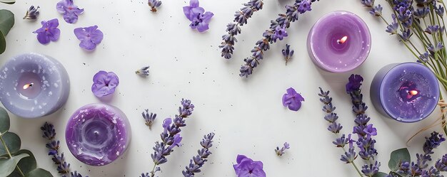 Lavender flat lay purple flowers on a white background