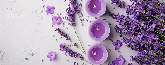 Lavender flat lay purple flowers on a white background