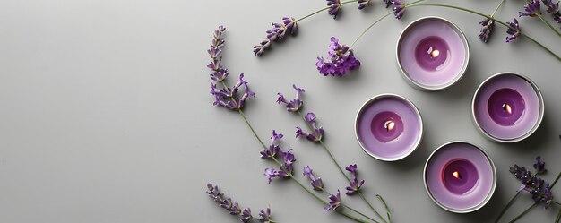 Lavender flat lay purple flowers on a white background