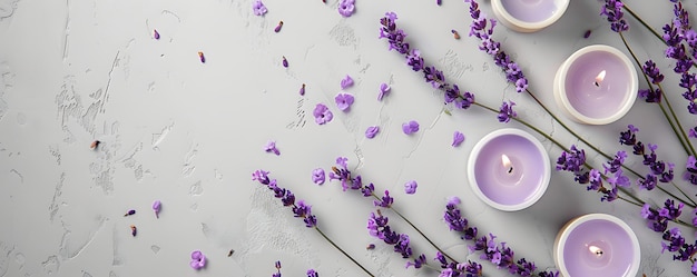 Lavender flat lay purple flowers on a white background