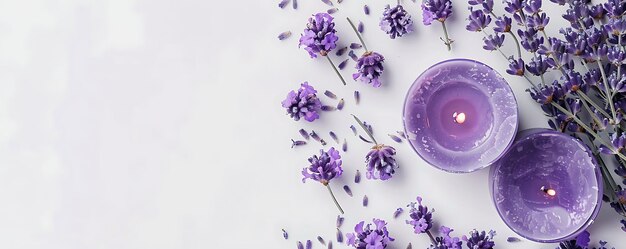 Lavender flat lay purple flowers on a white background