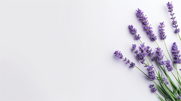 Lavender flower lilac with green leaves lay flat isolated on white background