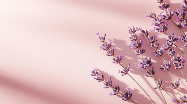 Photo lavender flowers arranged on a soft pink background with sunlight casting delicate shadows