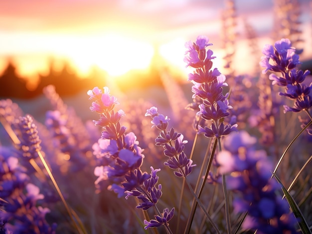 Lavender flowers bask in the soft sunlight of a tranquil summer sunset