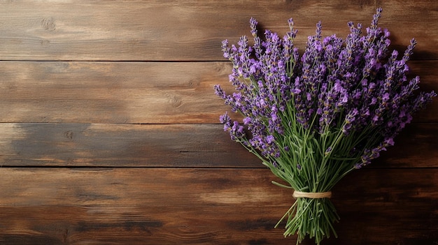 Lavender Flowers on Rustic Wooden Background Bouquet of lavender on a wooden table top view