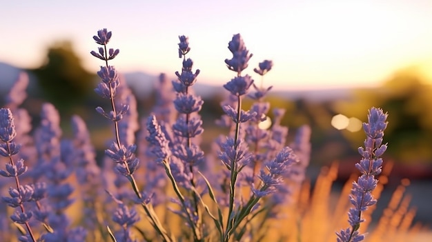 Lavender Flowers at Sunset in Impressionist Style