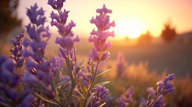 Lavender Flowers at Sunset in the Style of Art