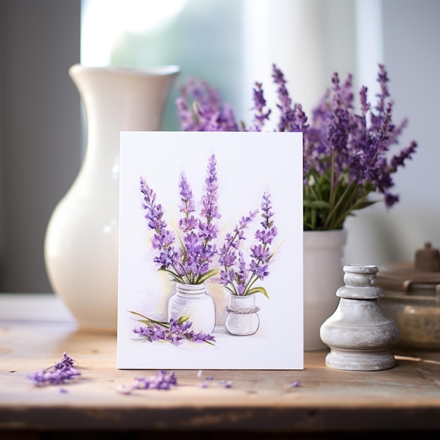 lavender flowers in a vase and a card on a table generative ai