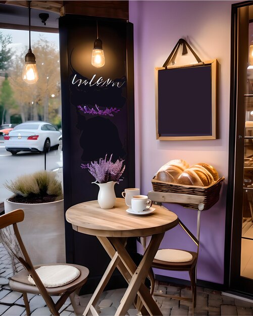 Photo lavender flowers in a vase with blank sign menu